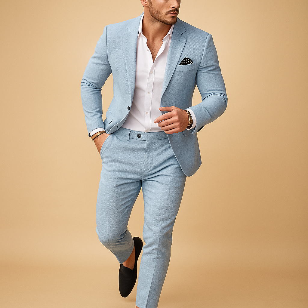 Slim fit suit for men with blazer and trousers in modern cut, ideal for weddings, business, and formal occasions.