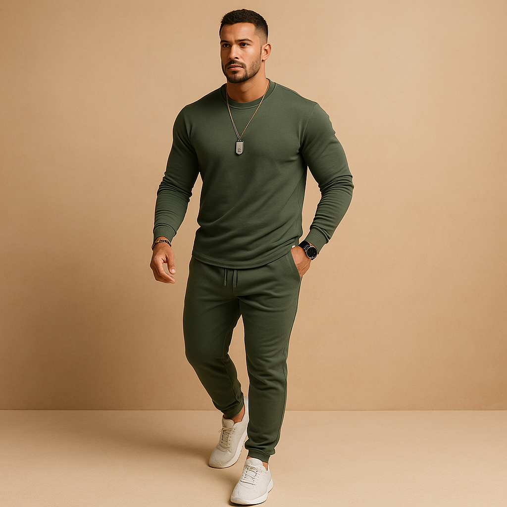 Men’s slim fit tracksuit with ribbed details and adjustable waistband. Modern two-piece set with sweater and joggers for casual wear and streetwear.