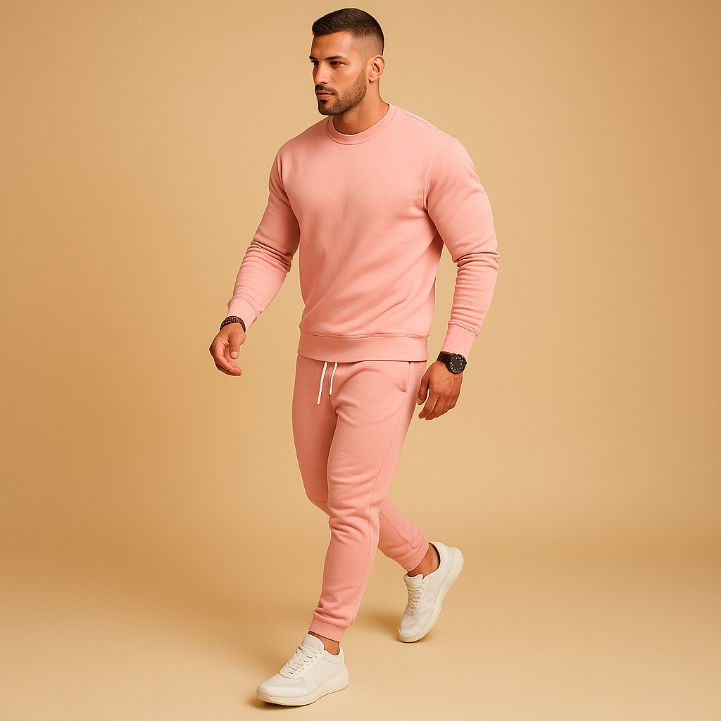Men’s slim fit tracksuit with ribbed details and adjustable waistband. Modern two-piece set with sweater and joggers for casual wear and streetwear.
