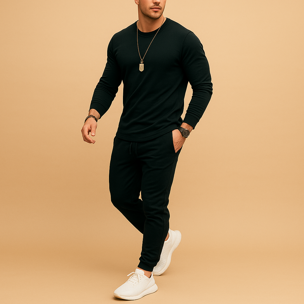 Men’s slim fit tracksuit with ribbed details and adjustable waistband. Modern two-piece set with sweater and joggers for casual wear and streetwear.