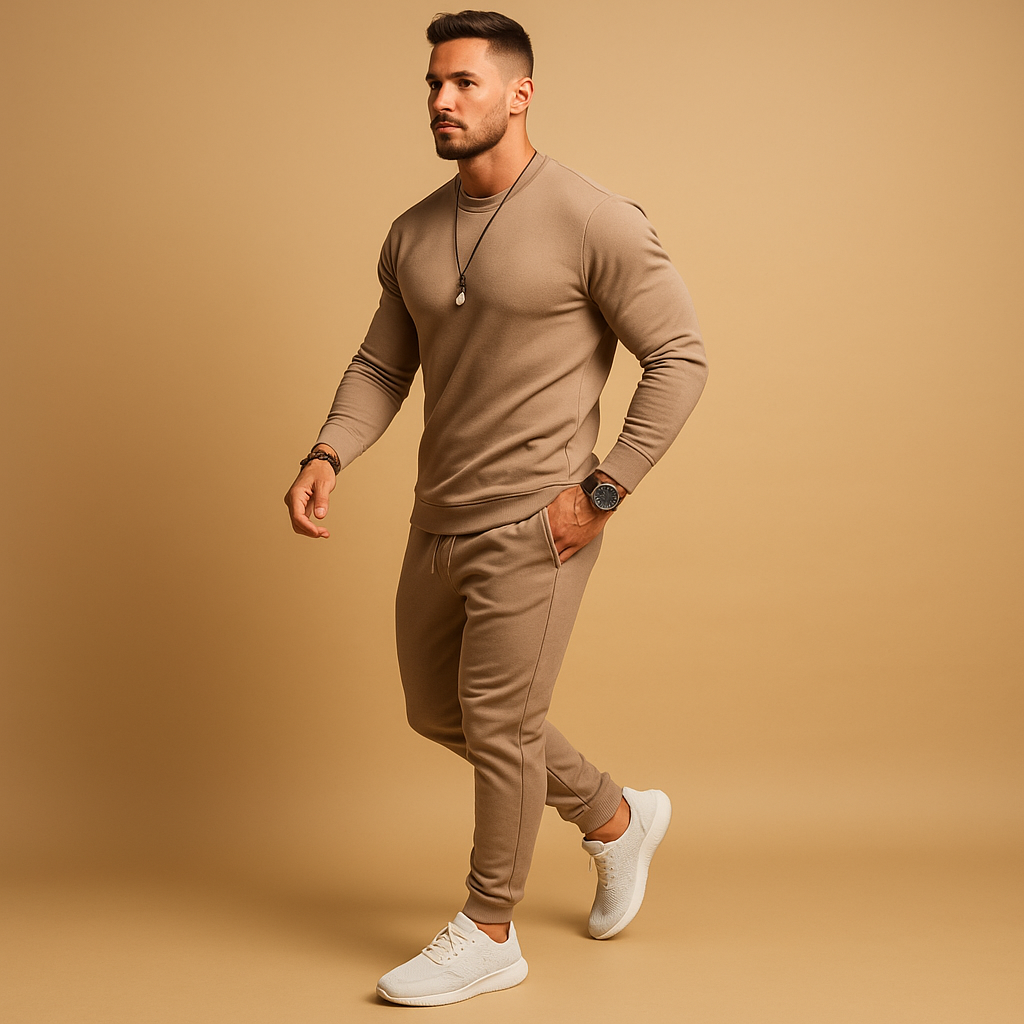 Men’s slim fit tracksuit with ribbed details and adjustable waistband. Modern two-piece set with sweater and joggers for casual wear and streetwear.