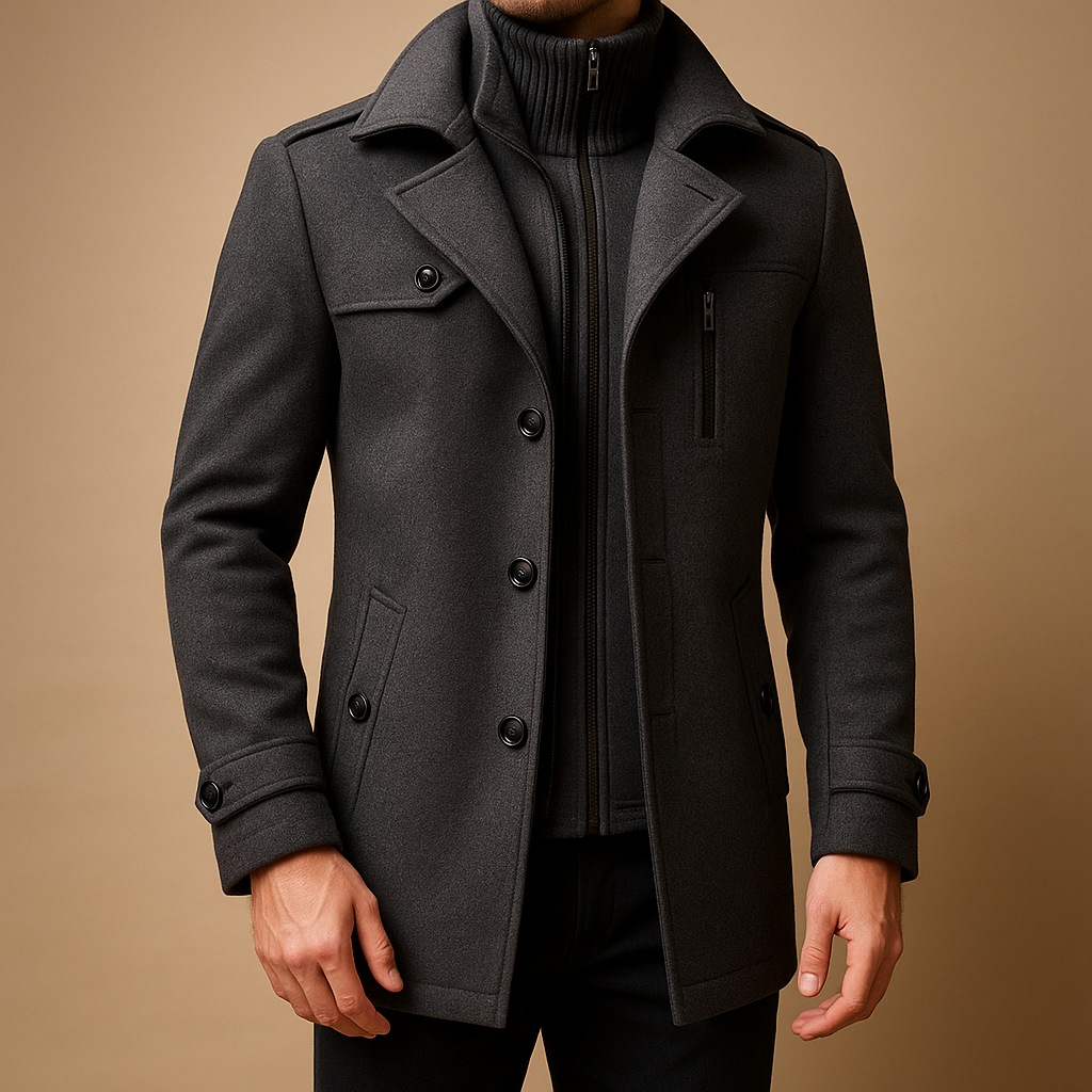 Adrian is a slim fit winter coat for men with durable fabrics and a tailored design. Perfect for formal and casual wear. Order now for timeless style!