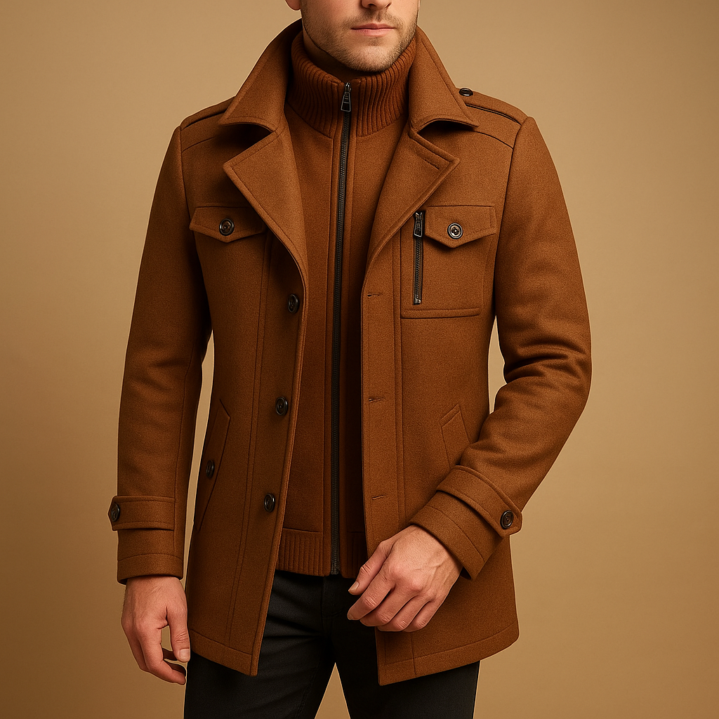 Adrian is a slim fit winter coat for men with durable fabrics and a tailored design. Perfect for formal and casual wear. Order now for timeless style!
