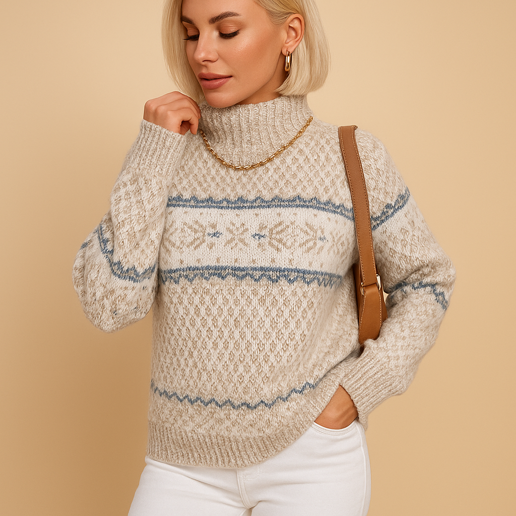 Women’s snowflake turtleneck sweater in soft wool blend with ribbed edges, perfect for winter holidays, cozy evenings, or casual seasonal outfits.