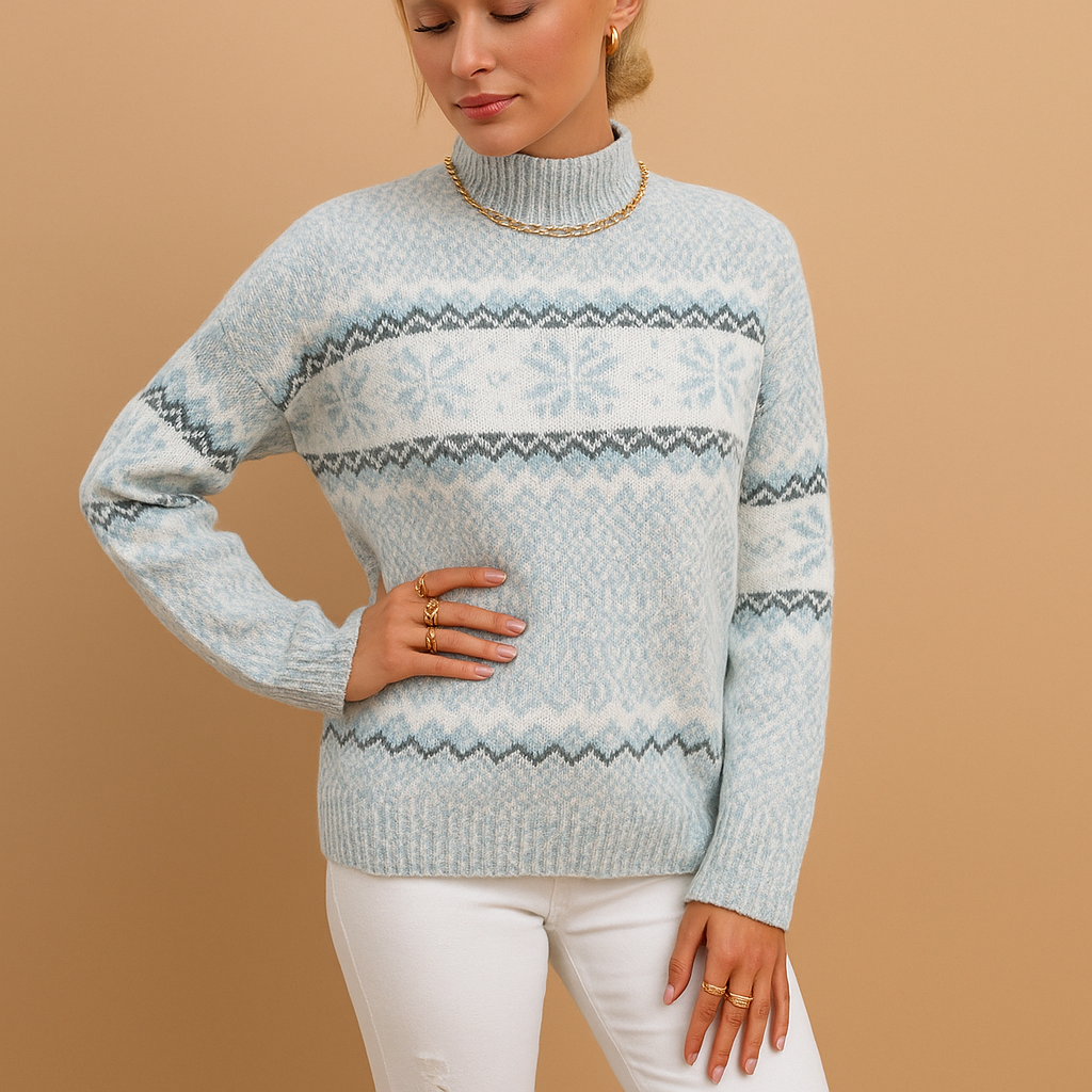 Women’s snowflake turtleneck sweater in soft wool blend with ribbed edges, perfect for winter holidays, cozy evenings, or casual seasonal outfits.