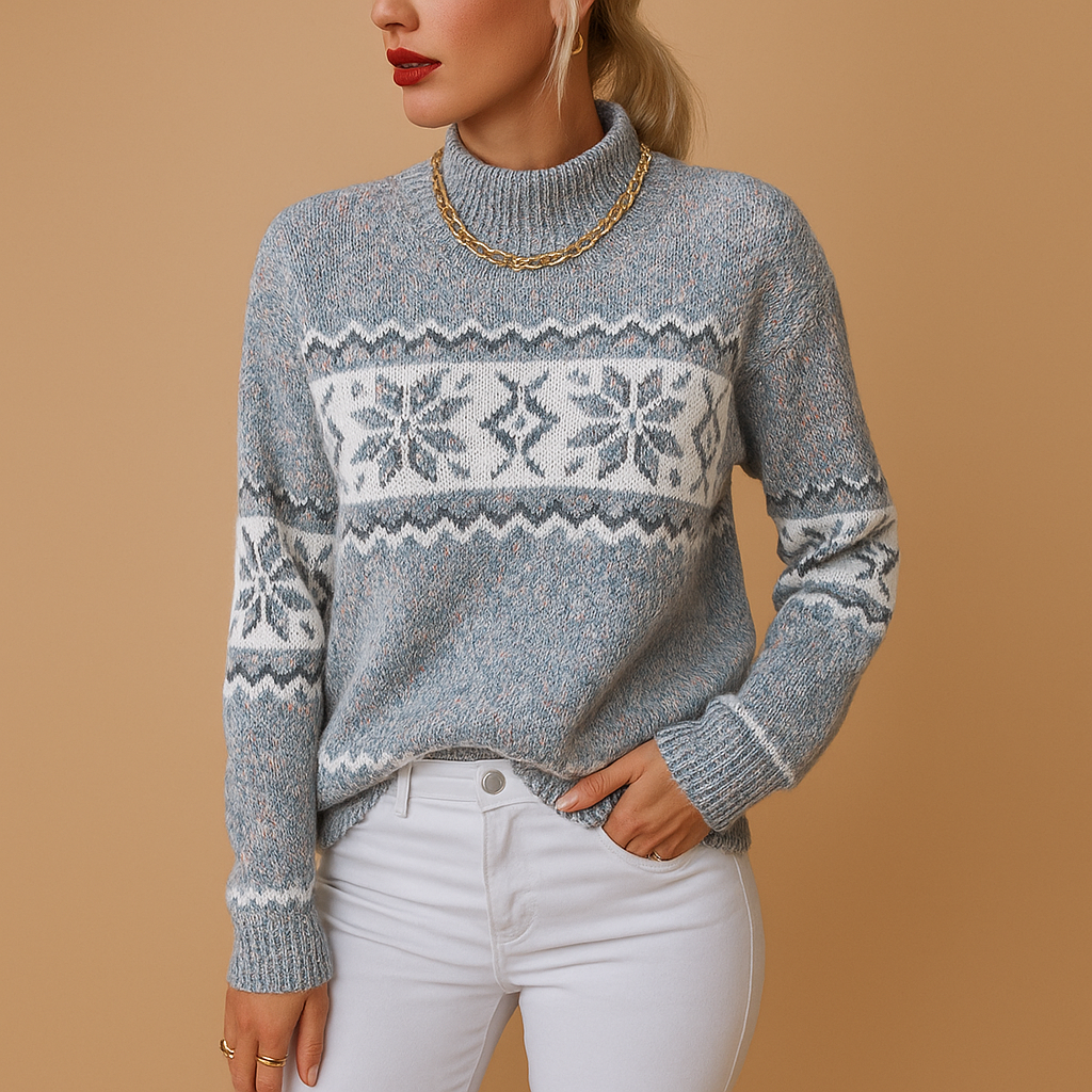 Women’s snowflake turtleneck sweater in soft wool blend with ribbed edges, perfect for winter holidays, cozy evenings, or casual seasonal outfits.