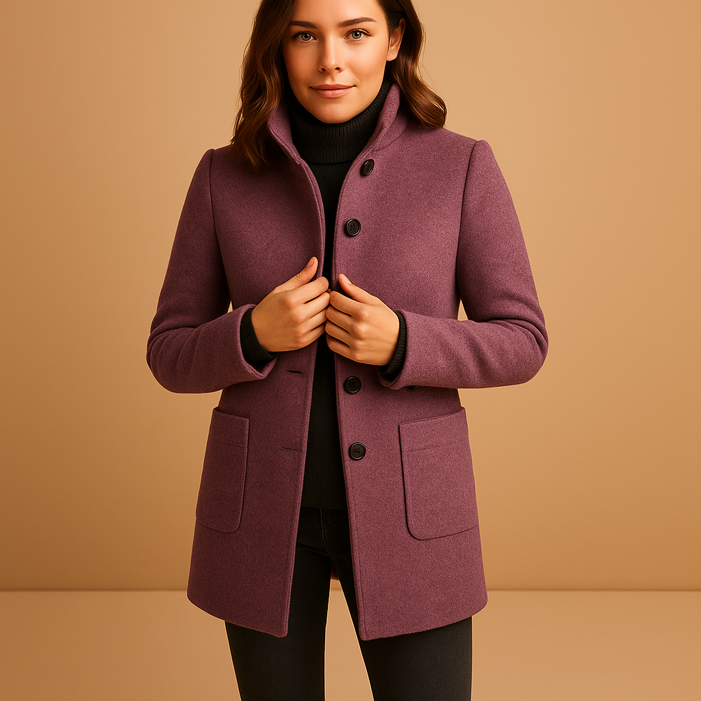 Soft winter coat for women with relaxed fit, elegant timeless details, and luxurious fabric, available in blue, navy, dark grey, green, light grey, and purple.