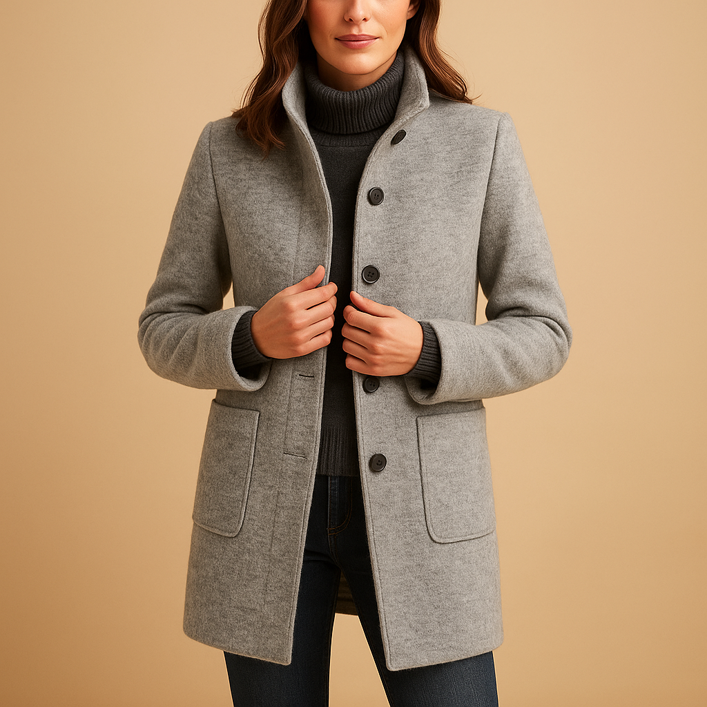 Soft winter coat for women with relaxed fit, elegant timeless details, and luxurious fabric, available in blue, navy, dark grey, green, light grey, and purple.