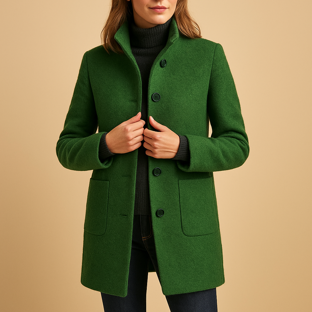 Soft winter coat for women with relaxed fit, elegant timeless details, and luxurious fabric, available in blue, navy, dark grey, green, light grey, and purple.