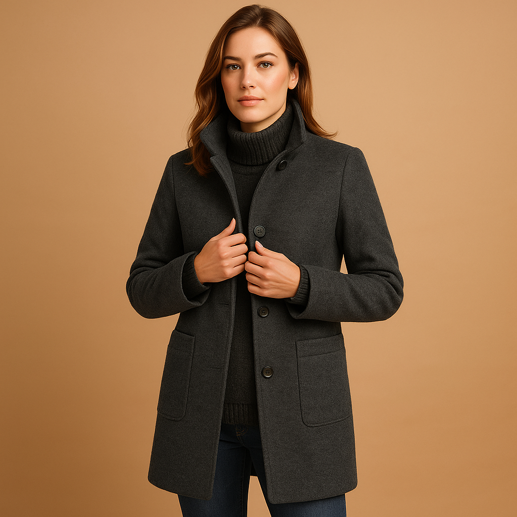 Soft winter coat for women with relaxed fit, elegant timeless details, and luxurious fabric, available in blue, navy, dark grey, green, light grey, and purple.