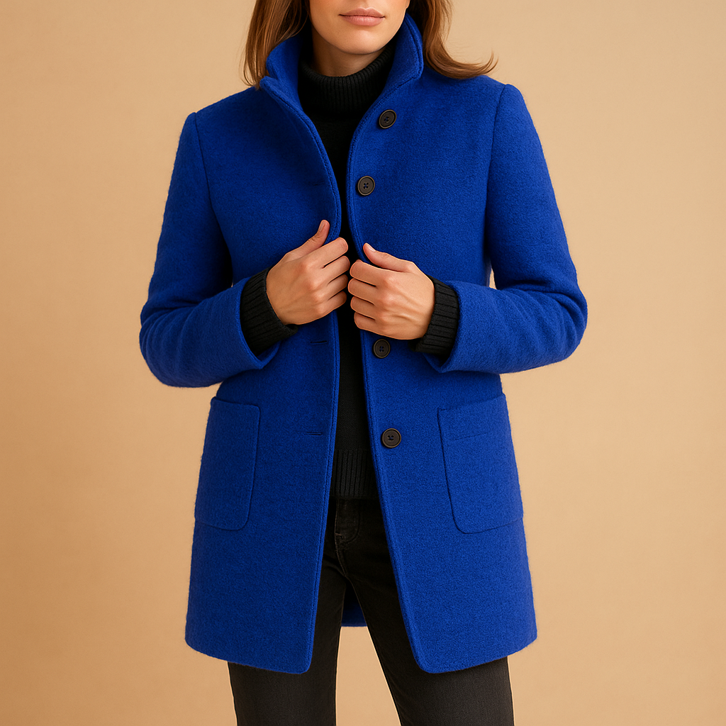 Soft winter coat for women with relaxed fit, elegant timeless details, and luxurious fabric, available in blue, navy, dark grey, green, light grey, and purple.