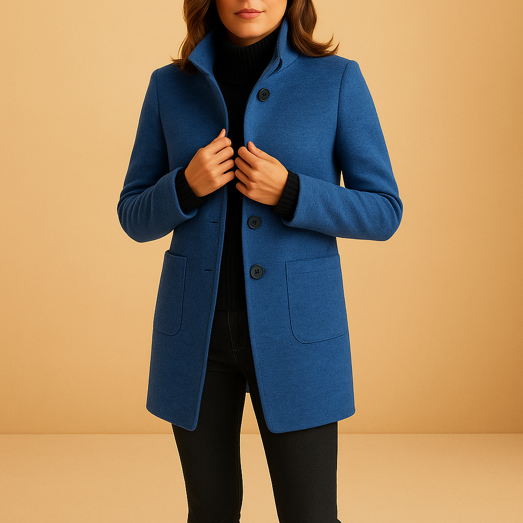 Soft winter coat for women with relaxed fit, elegant timeless details, and luxurious fabric, available in blue, navy, dark grey, green, light grey, and purple.