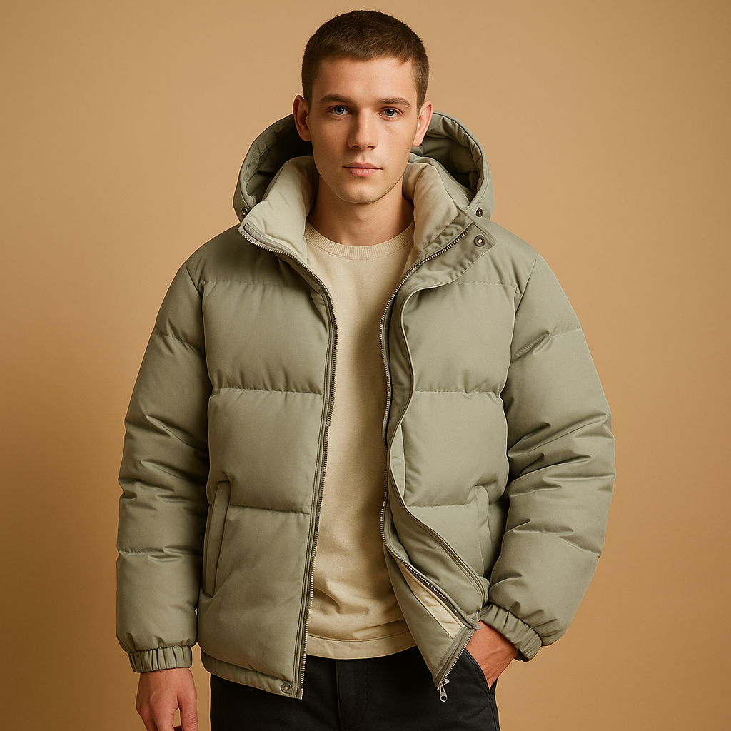 Ethan is a sporty puffer jacket for men with hood and quilted insulation. Lightweight, warm, and stylish. Perfect for daily wear and winter activities. Order now!