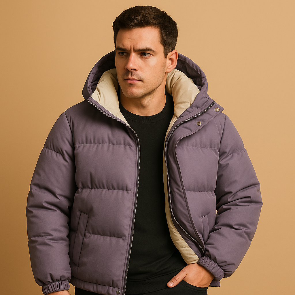 Ethan is a sporty puffer jacket for men with hood and quilted insulation. Lightweight, warm, and stylish. Perfect for daily wear and winter activities. Order now!