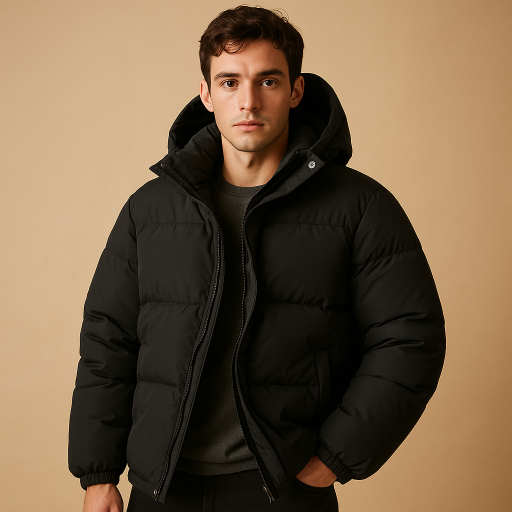 Ethan is a sporty puffer jacket for men with hood and quilted insulation. Lightweight, warm, and stylish. Perfect for daily wear and winter activities. Order now!