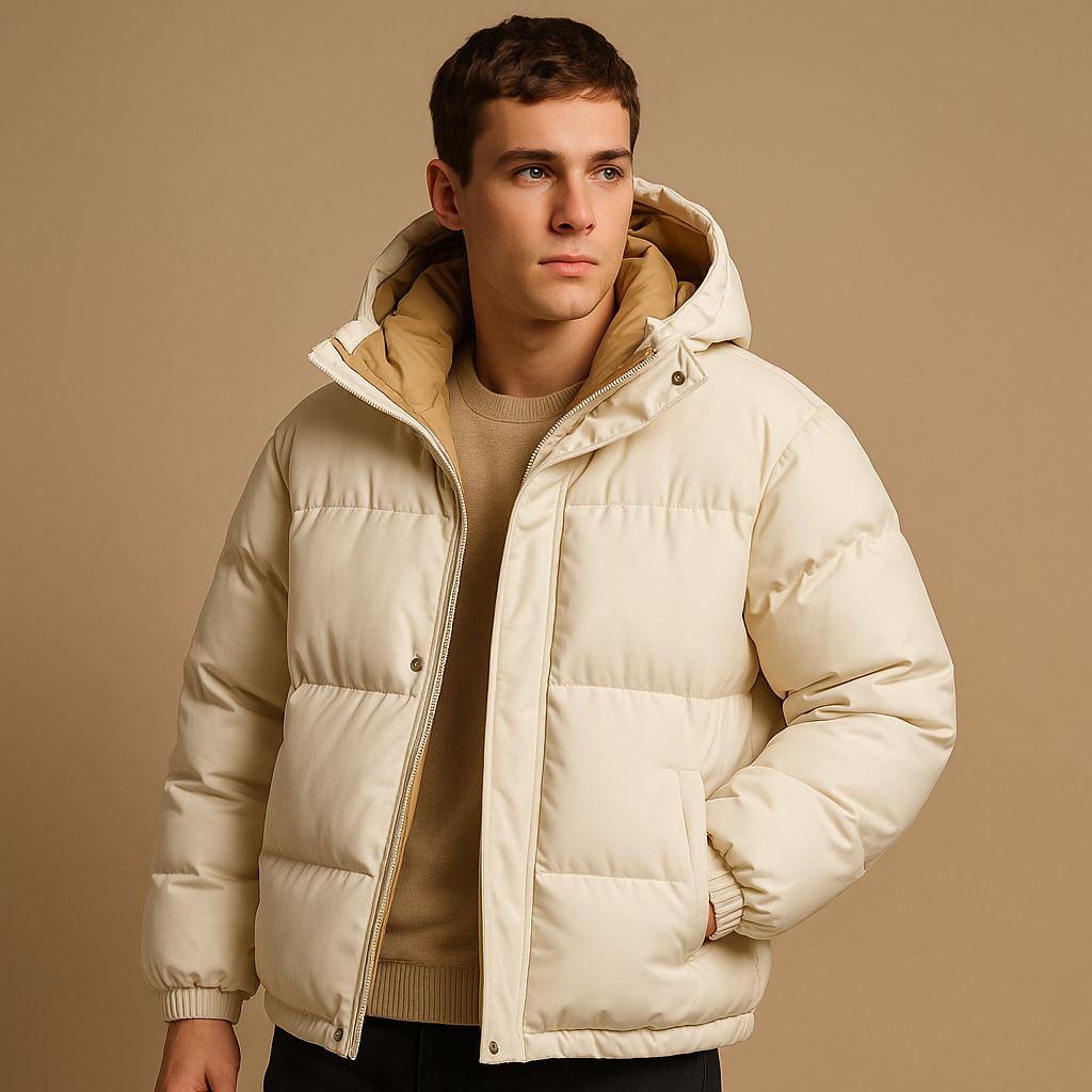 Ethan is a sporty puffer jacket for men with hood and quilted insulation. Lightweight, warm, and stylish. Perfect for daily wear and winter activities. Order now!