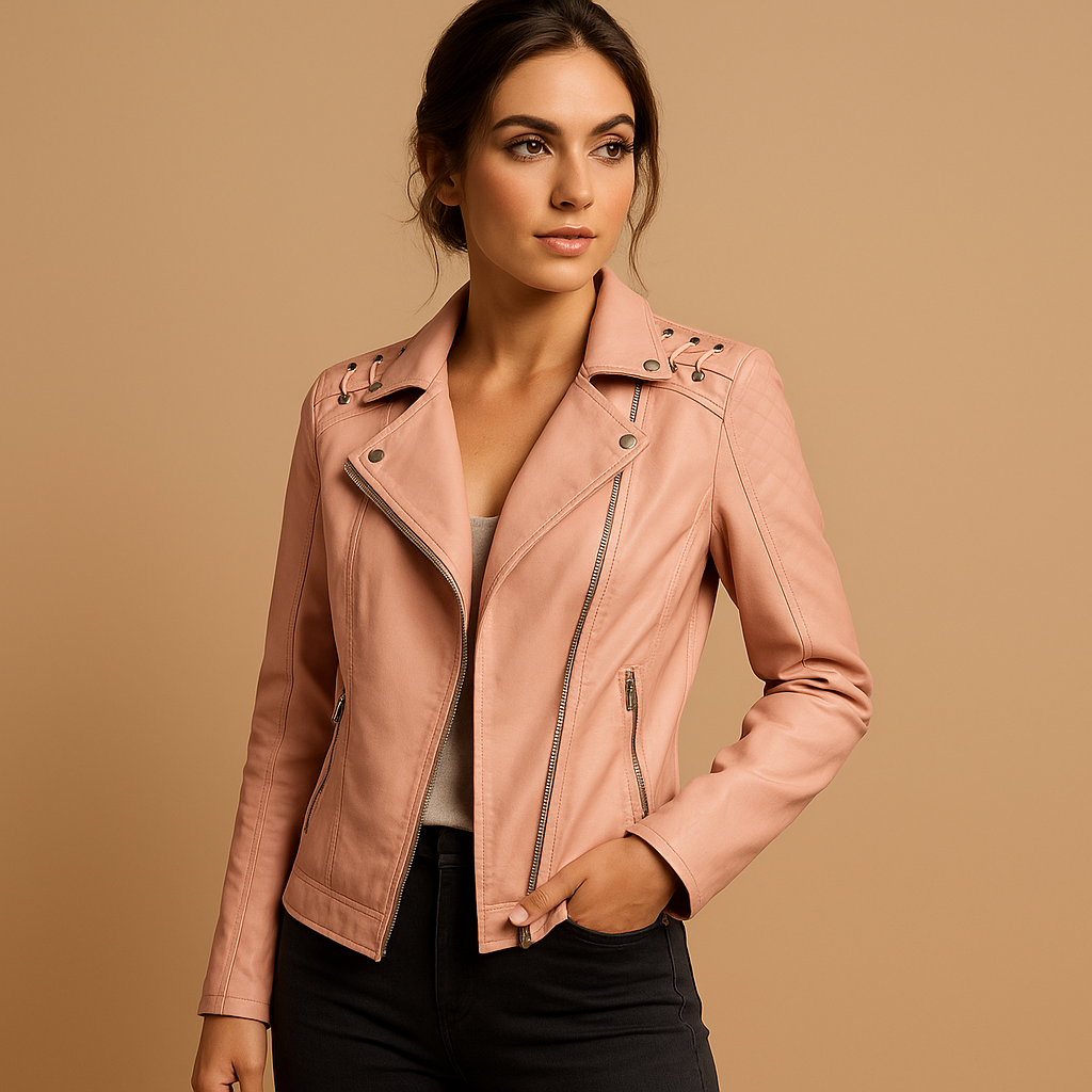 Women’s fitted jacket with stand collar, silver zipper, and stud details in multiple colors.