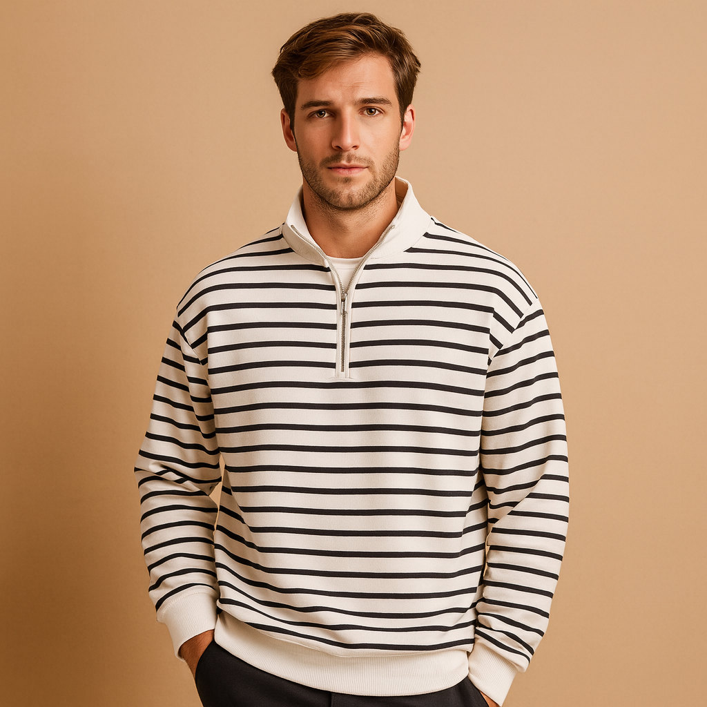Men’s striped half-zip pullover in white with black stripes, featuring a soft feel and casual fit for daily wear in autumn, winter, and spring.