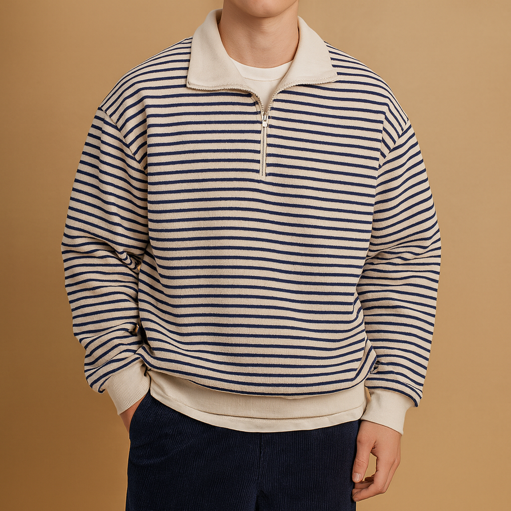Men’s striped half-zip pullover in white with black stripes, featuring a soft feel and casual fit for daily wear in autumn, winter, and spring.