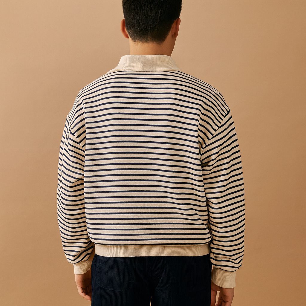 Men’s striped half-zip pullover in white with black stripes, featuring a soft feel and casual fit for daily wear in autumn, winter, and spring.