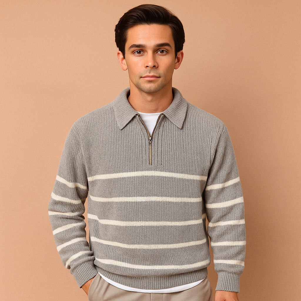 Men’s striped half-zip gray sweater with a warm comfortable fit, ideal for casual and semi-formal outfits in autumn and winter.