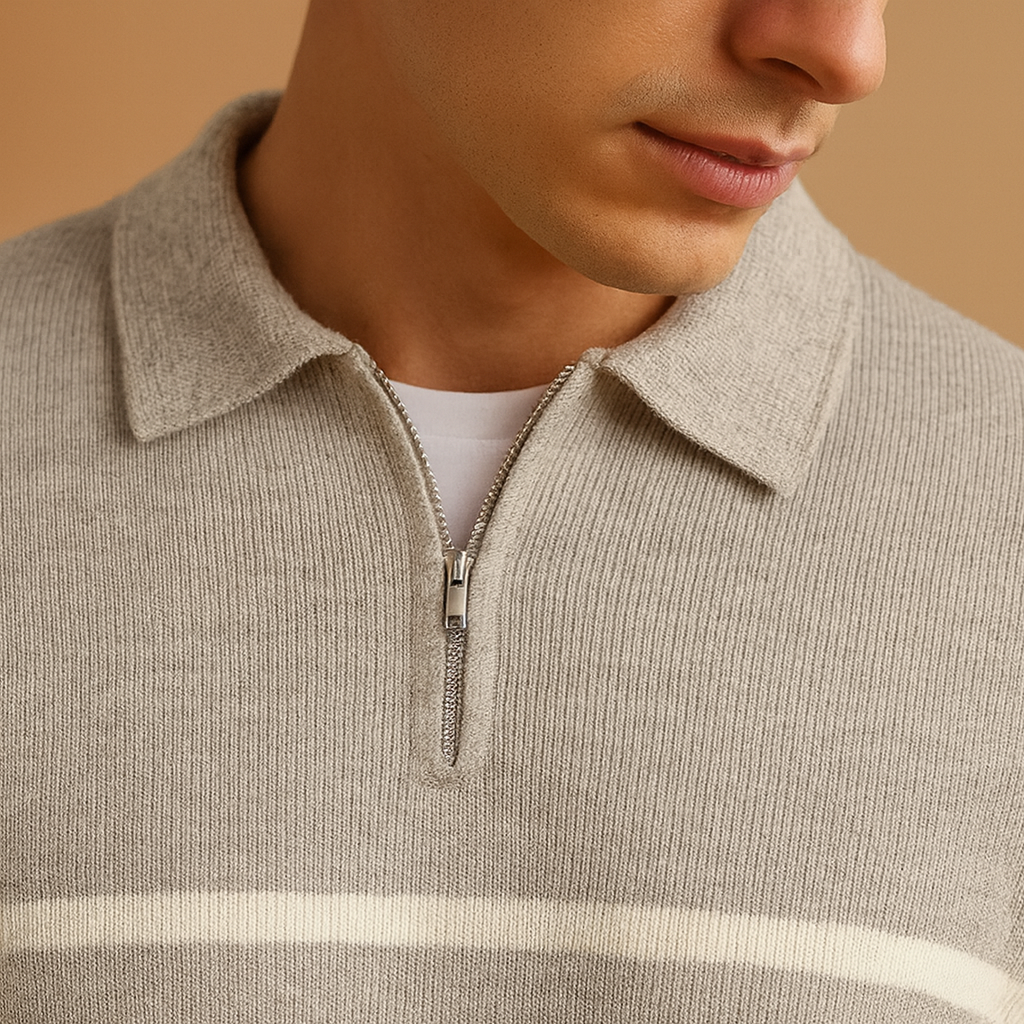 Men’s striped half-zip gray sweater with a warm comfortable fit, ideal for casual and semi-formal outfits in autumn and winter.