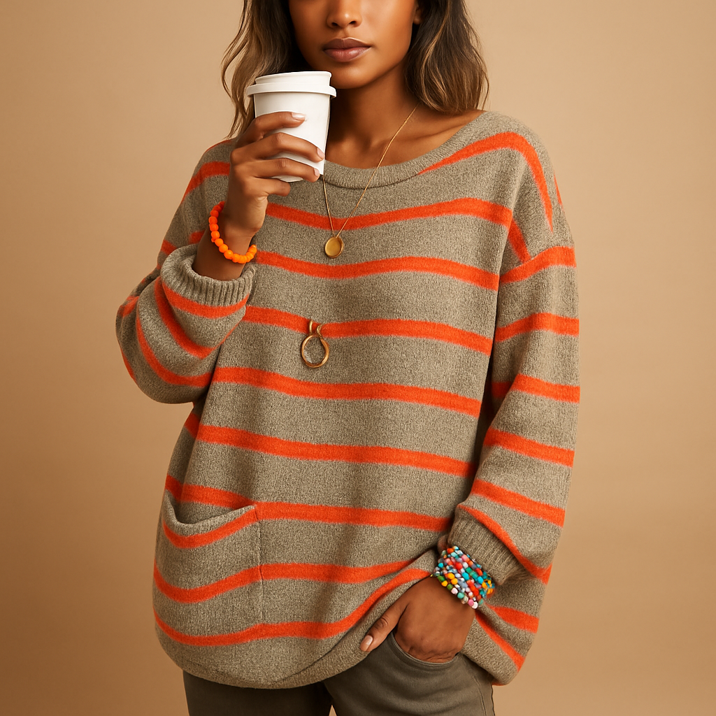 Women’s striped knit sweater with round neckline and long sleeves, modern stripe pattern, perfect for casual or semi-formal outfits.