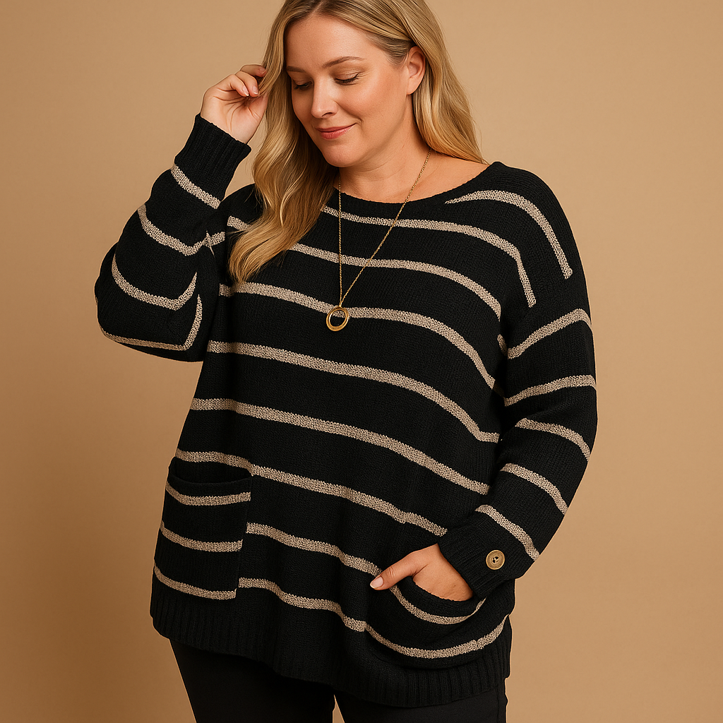 Women’s striped knit sweater with round neckline and long sleeves, modern stripe pattern, perfect for casual or semi-formal outfits.