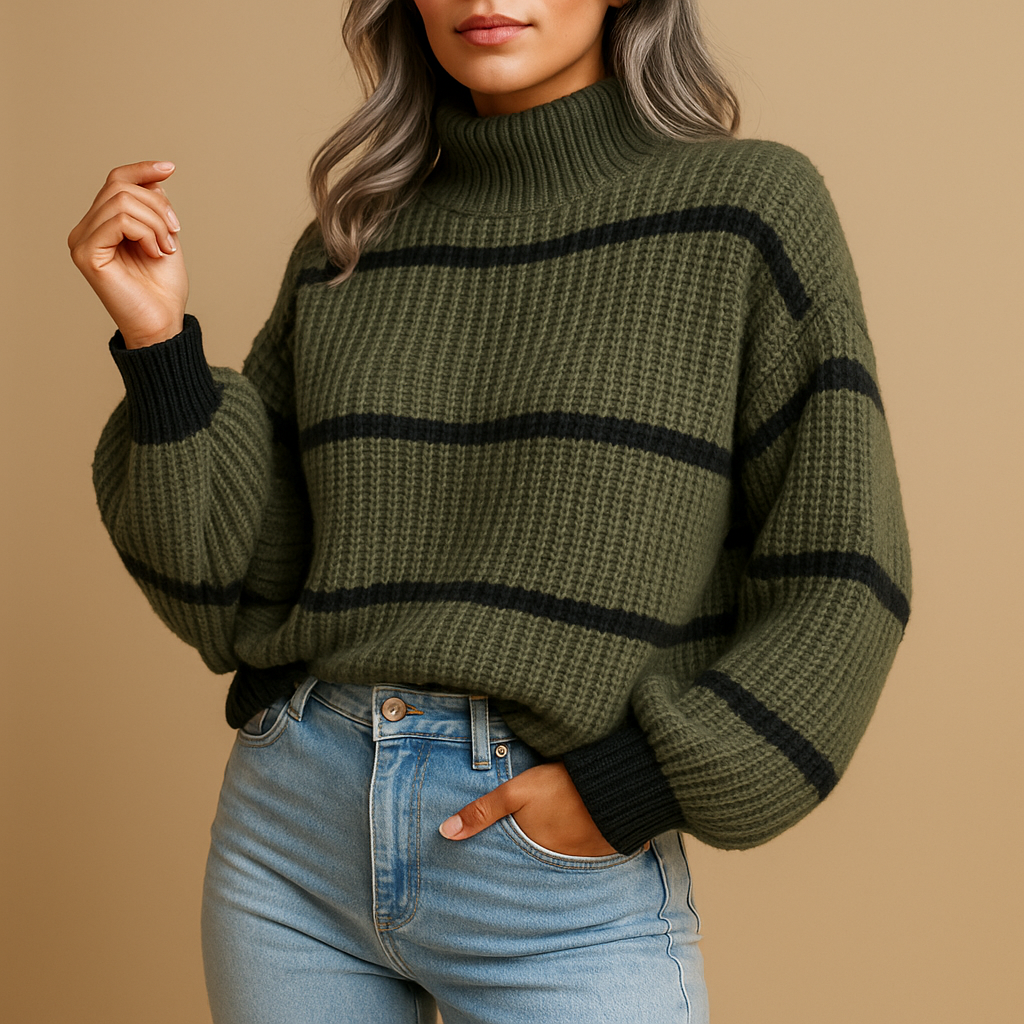 Women’s striped knitted sweater with high neck in black and white, featuring a loose fit with ribbed edges for casual and smart-casual looks.
