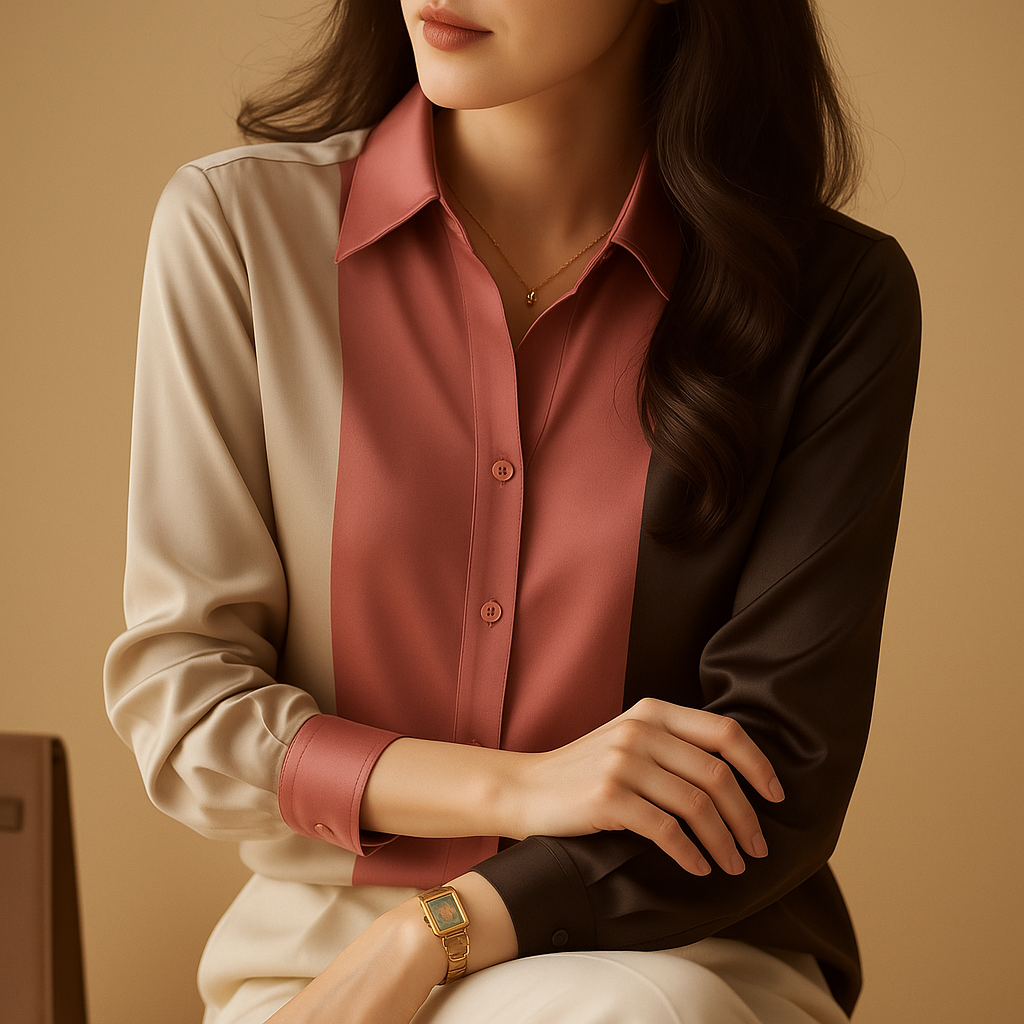 Elegant striped satin blouse for women with patchwork design and classic collar, perfect for work or formal occasions.