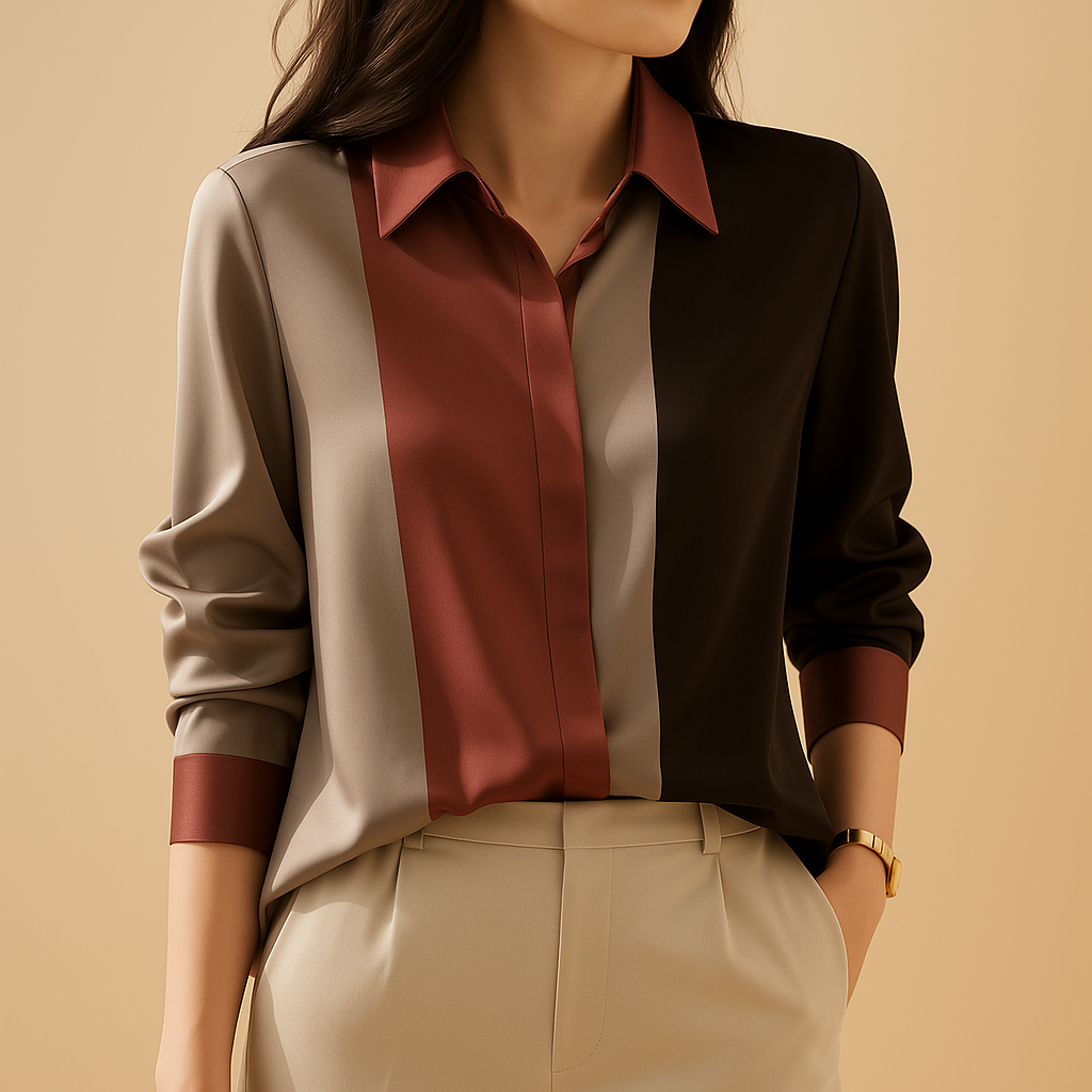 Elegant striped satin blouse for women with patchwork design and classic collar, perfect for work or formal occasions.