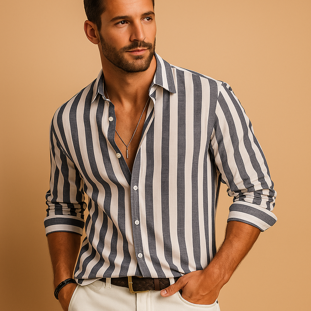 Men’s striped long sleeve shirt in blue-white with modern tailored fit, durable fabric, and classic design for work, formal, or casual wear.