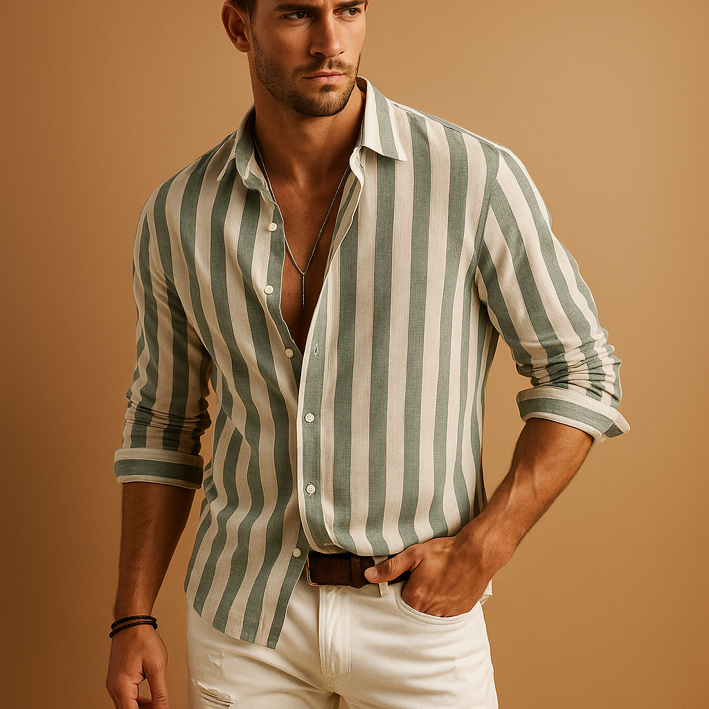 Men’s striped long sleeve shirt in blue-white with modern tailored fit, durable fabric, and classic design for work, formal, or casual wear.