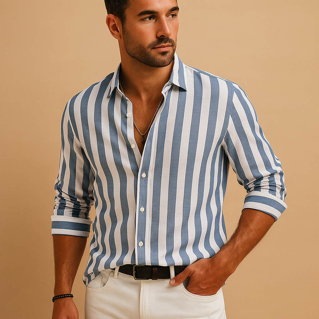 Men’s striped long sleeve shirt in blue-white with modern tailored fit, durable fabric, and classic design for work, formal, or casual wear.