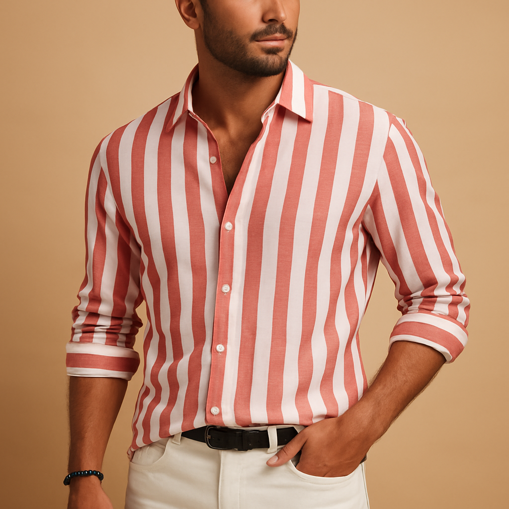 Men’s striped long sleeve shirt in blue-white with modern tailored fit, durable fabric, and classic design for work, formal, or casual wear.