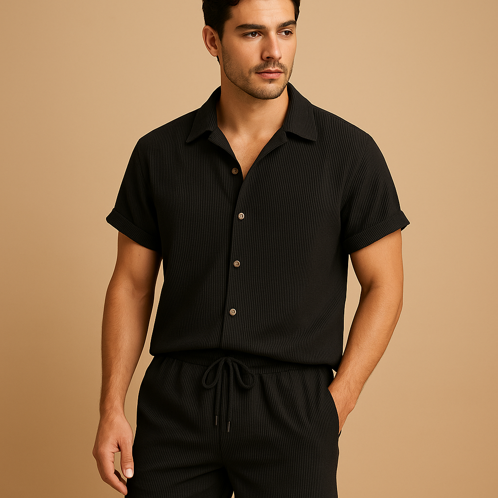 Men’s striped summer set with short-sleeve shirt and matching shorts in vibrant colors. Lightweight, casual, and perfect for warm sunny days.