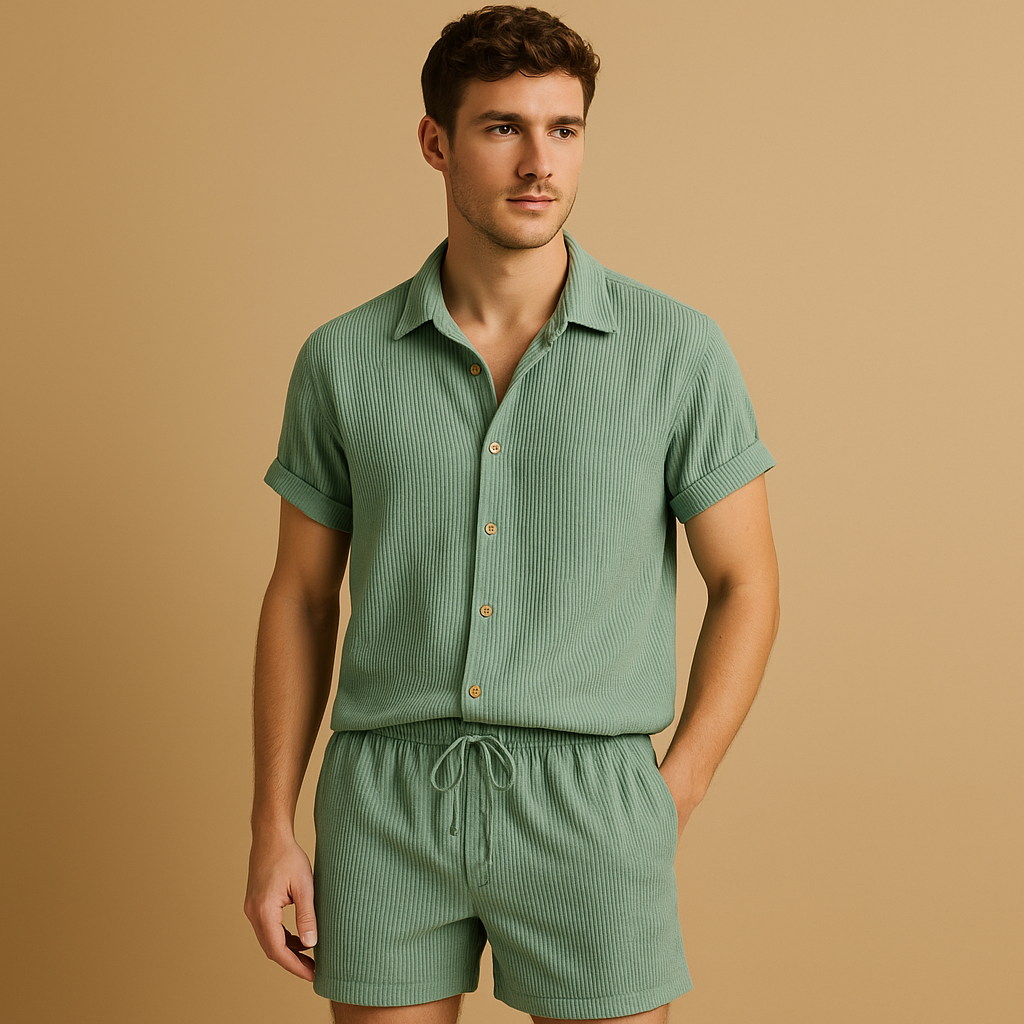 Men’s striped summer set with short-sleeve shirt and matching shorts in vibrant colors. Lightweight, casual, and perfect for warm sunny days.