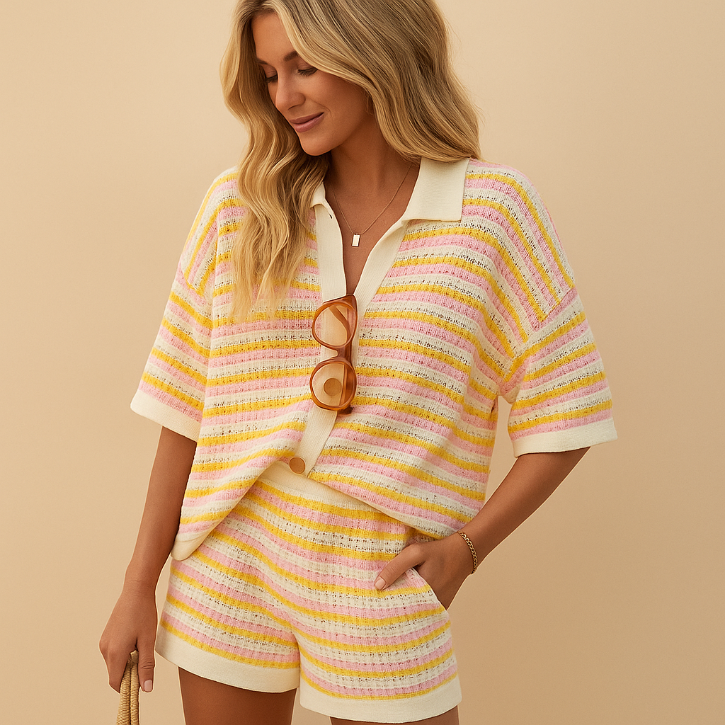 Stylish striped blouse and shorts summer set for women with breathable fabric and elastic waistband, perfect for holidays, casual days, and city strolls.