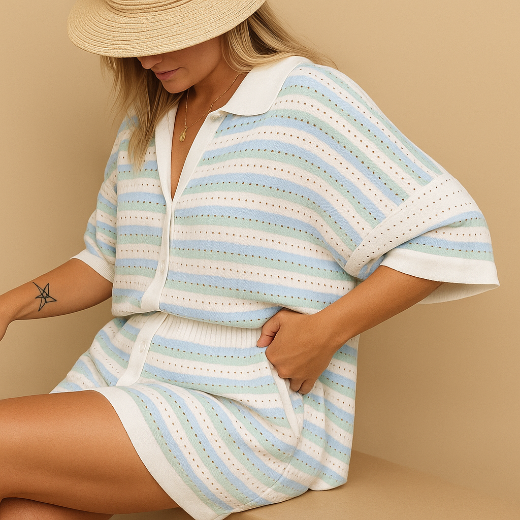 Stylish striped blouse and shorts summer set for women with breathable fabric and elastic waistband, perfect for holidays, casual days, and city strolls.