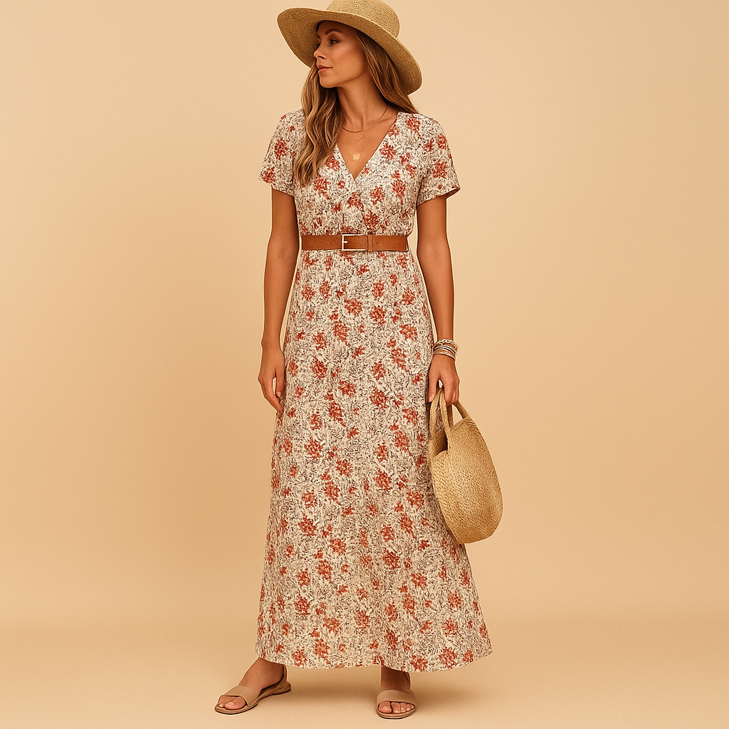 Women’s stylish maxi dress with V-neck, short sleeves, and elastic waist with belt. Perfect for work, parties, holidays, and casual outings.