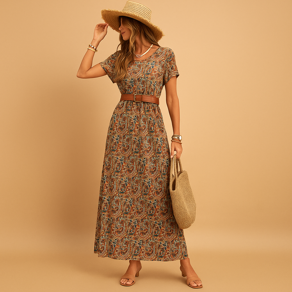 Women’s stylish maxi dress with V-neck, short sleeves, and elastic waist with belt. Perfect for work, parties, holidays, and casual outings.