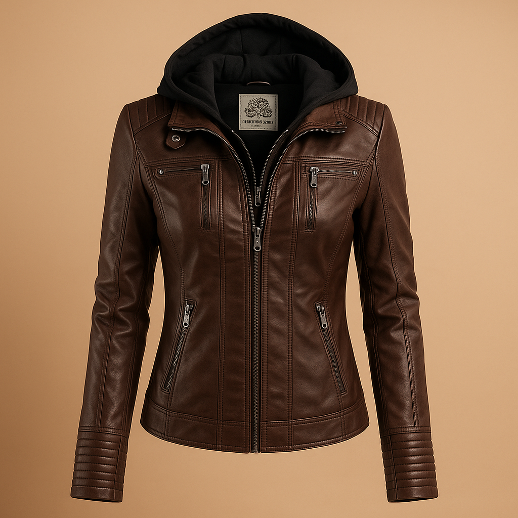 Women’s stylish summer leather jacket with removable hood, drawstring, and modern zipper design. Perfect for casual outings and chic occasions.