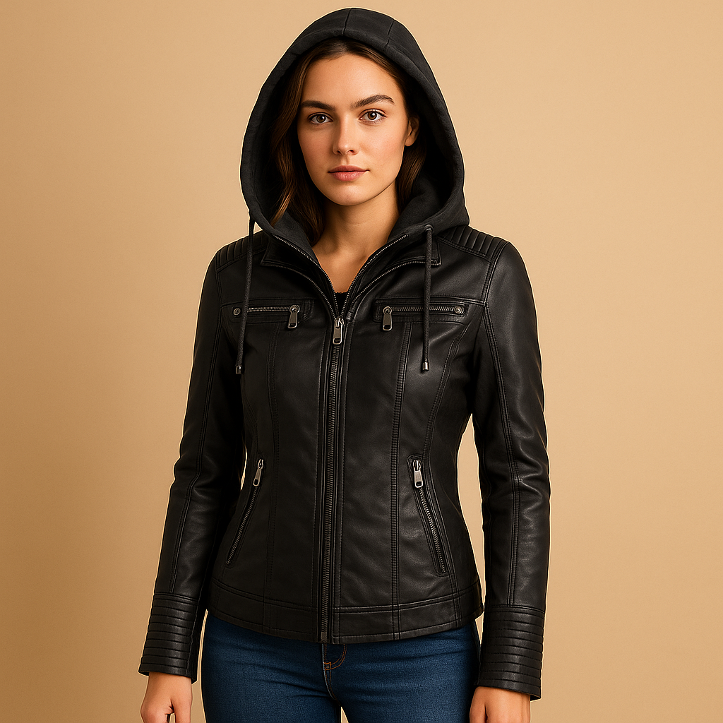Women’s stylish summer leather jacket with removable hood, drawstring, and modern zipper design. Perfect for casual outings and chic occasions.