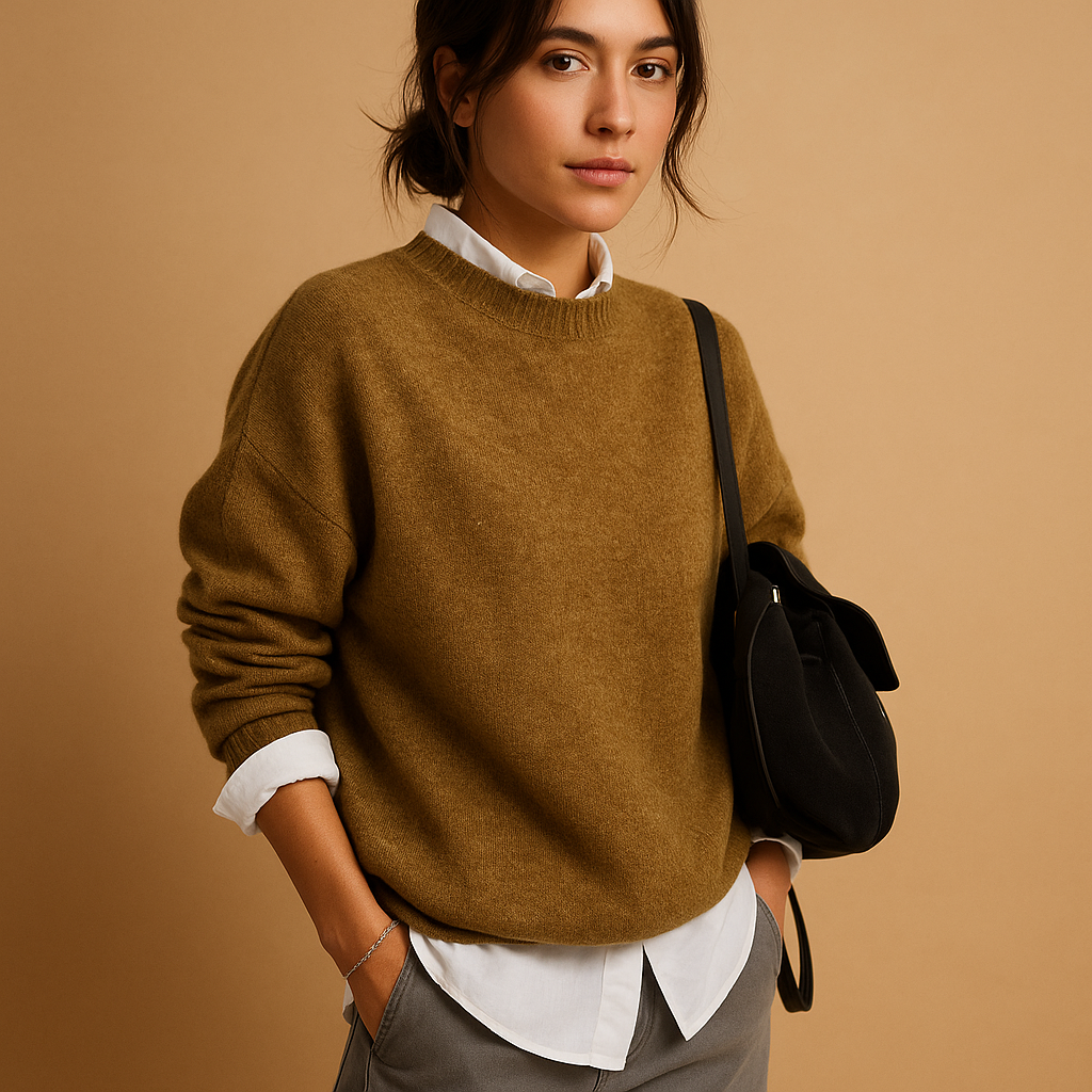 Women’s stylish wool knit sweater with refined minimalist design, elegant fit, and soft fabric. Perfect for casual days or semi-formal office looks.