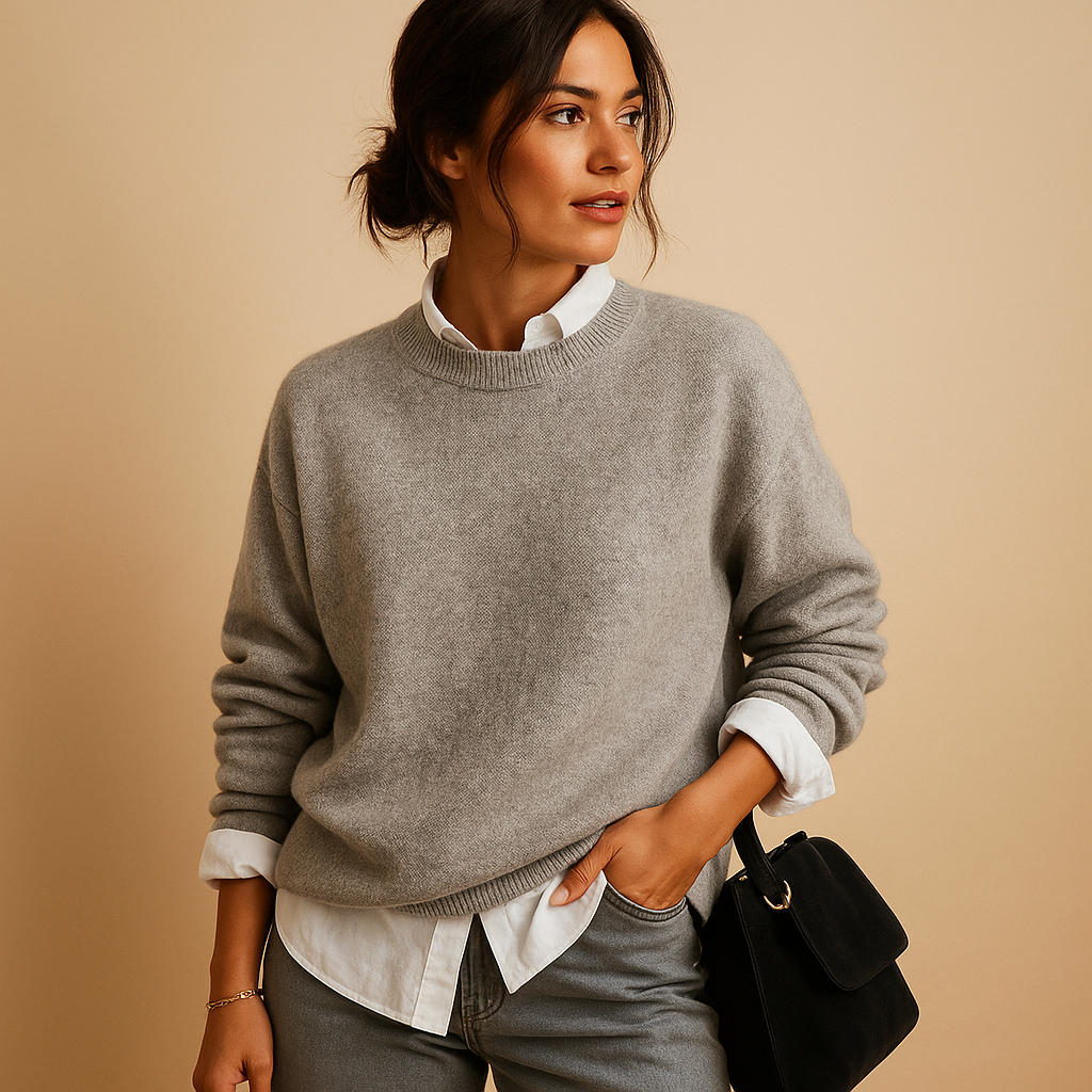 Women’s stylish wool knit sweater with refined minimalist design, elegant fit, and soft fabric. Perfect for casual days or semi-formal office looks.