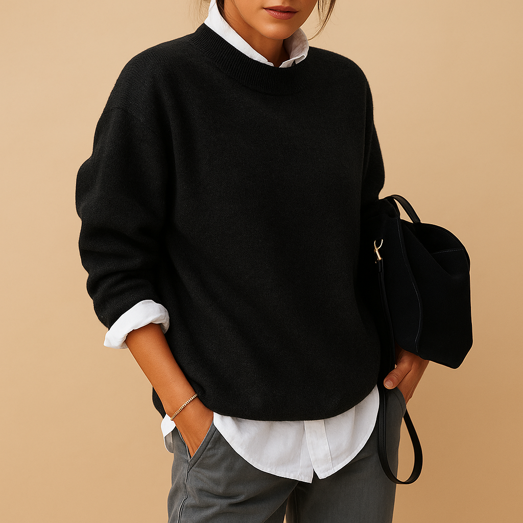 Women’s stylish wool knit sweater with refined minimalist design, elegant fit, and soft fabric. Perfect for casual days or semi-formal office looks.