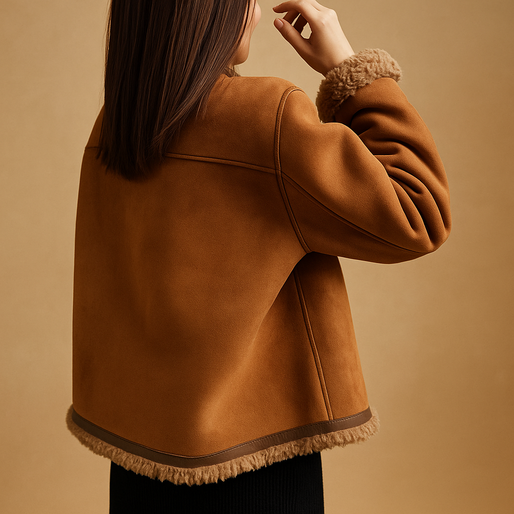 Women’s suede fleece lined jacket with soft interior and suede-look exterior. Perfect for warmth, comfort, and chic autumn or winter outfits.