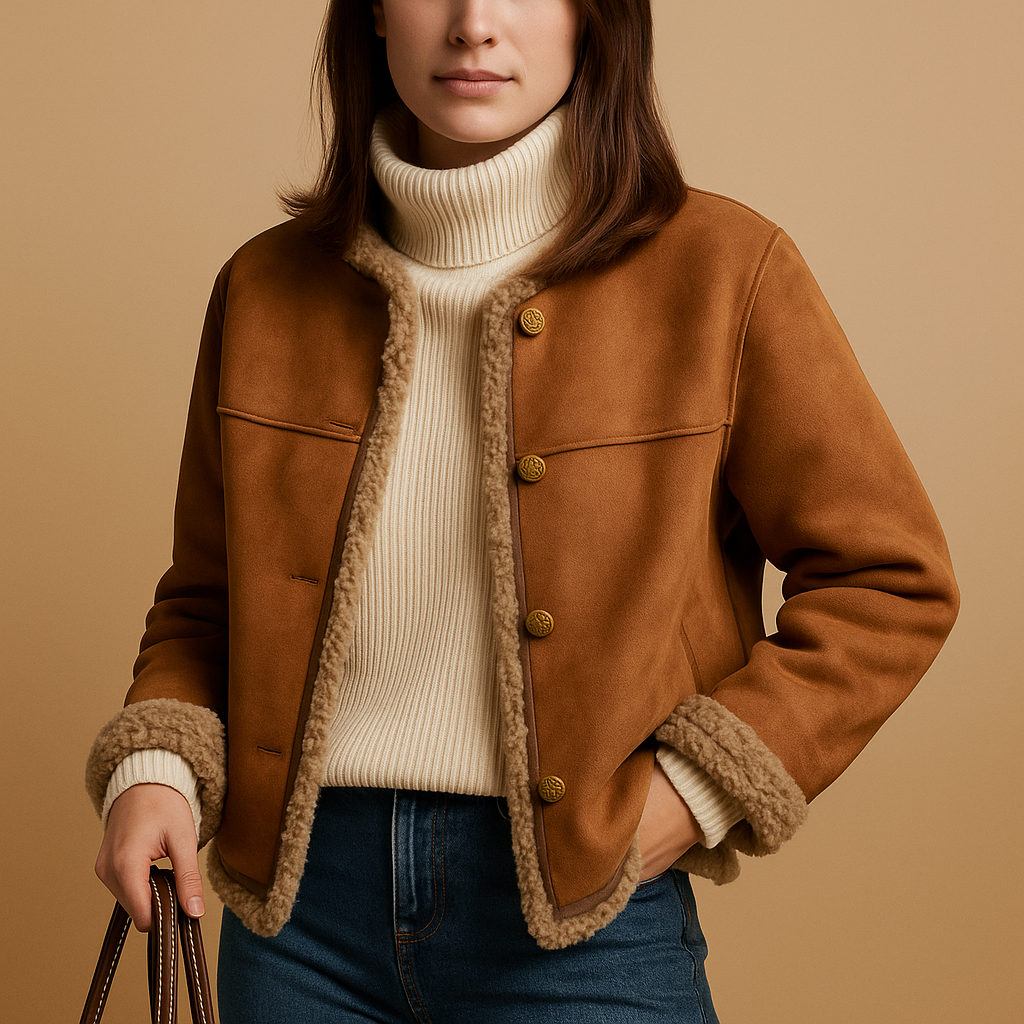 Women’s suede fleece lined jacket with soft interior and suede-look exterior. Perfect for warmth, comfort, and chic autumn or winter outfits.