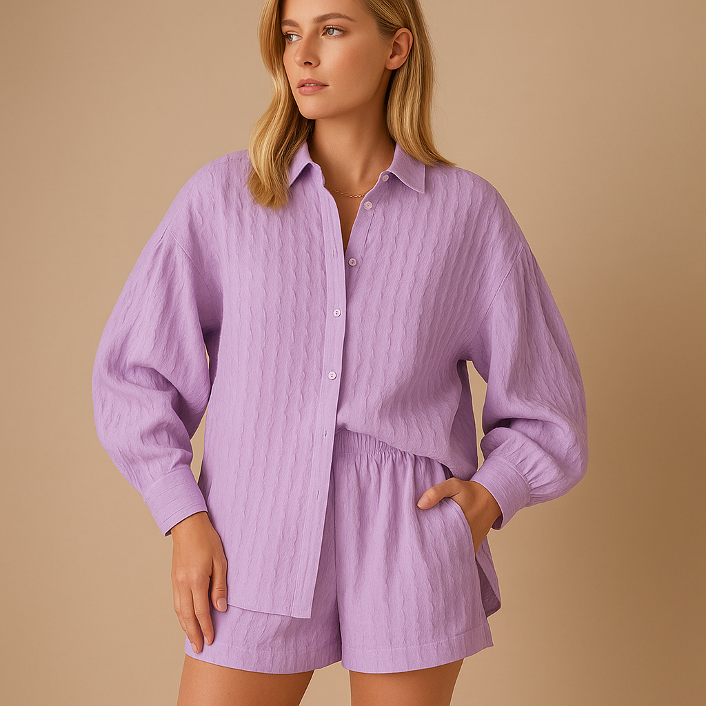 Light summer blouse and shorts set for women with elastic waistband and breathable fabric, ideal for vacations, beach days, or lounging.