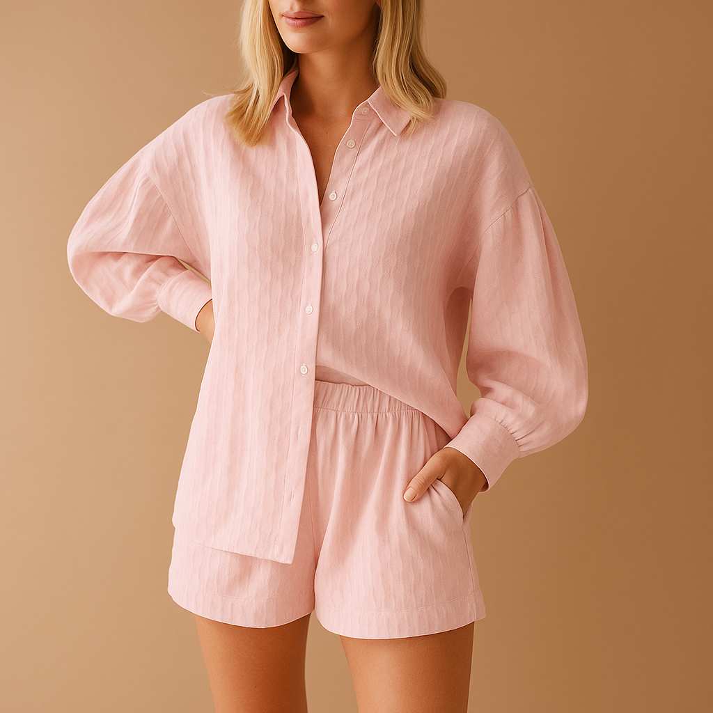 Light summer blouse and shorts set for women with elastic waistband and breathable fabric, ideal for vacations, beach days, or lounging.